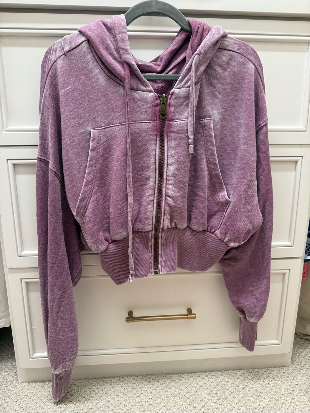 Free People - Distressed Mauve Zip-Up Cropped Hoodie